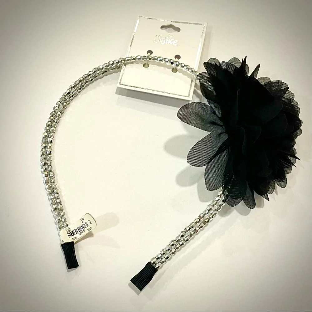Justice Black & Silver Flower Headband Party Tween Child Teen Wedding Communion